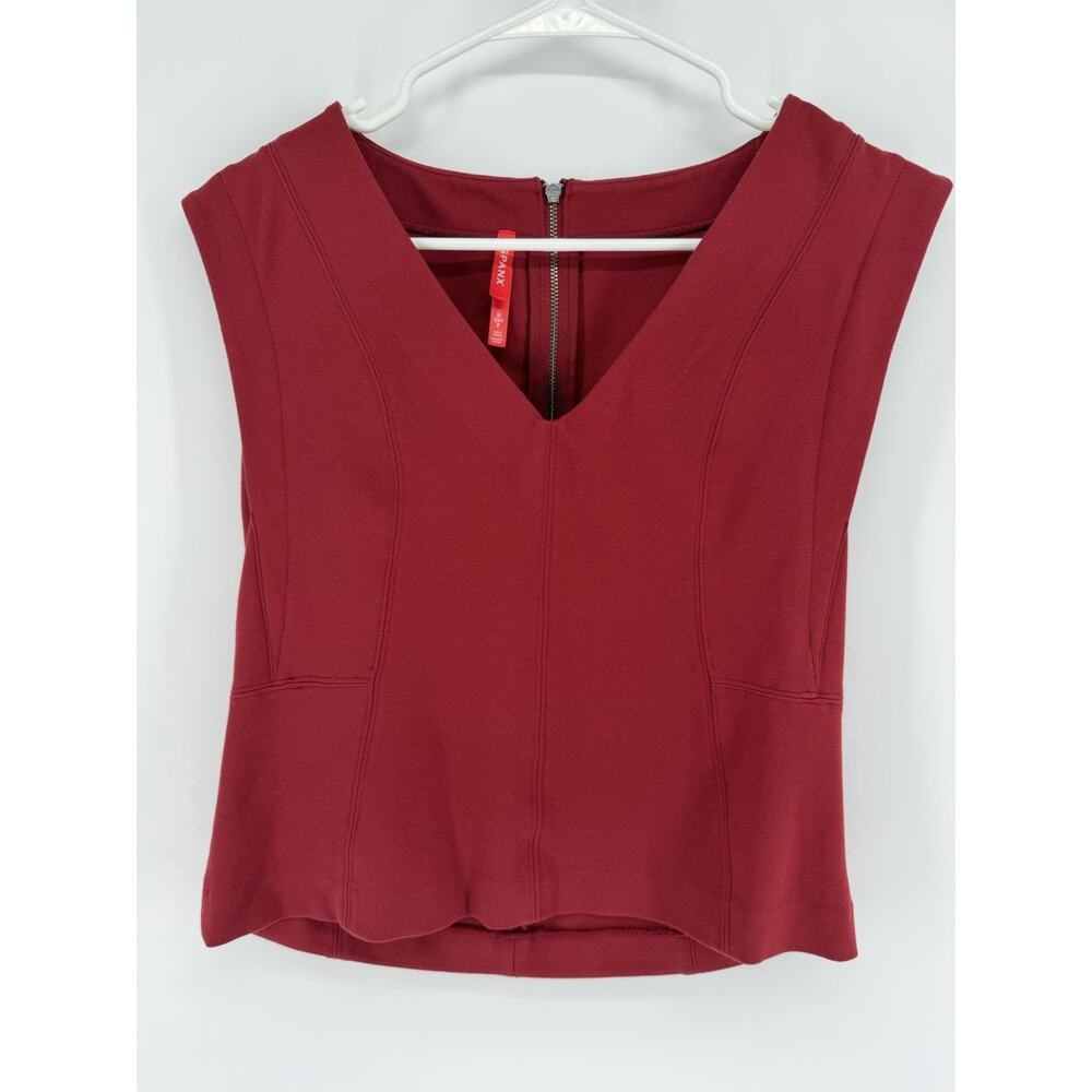 Spanx Top Ponte Seamed V Neck Sleeveless Zipper Size Small Deep Red